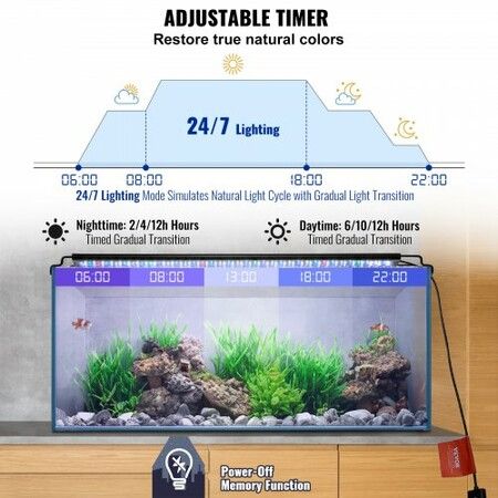 Aquarium Light 24W Full Spectrum Fish Tank Light with 24/7 Natural Mode Adjustable Timer & 5-Level Brightness with Aluminum Alloy Shell Extendable Brackets