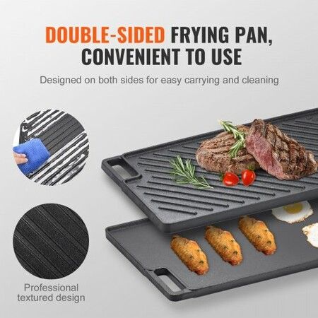 Reversible Grill/Griddle 9.7"x16.7" Pre-Seasoned Cast Iron Griddle Rectangular Double Burner Griddle Pan Non-Stick Family Pan Cookware with Handles