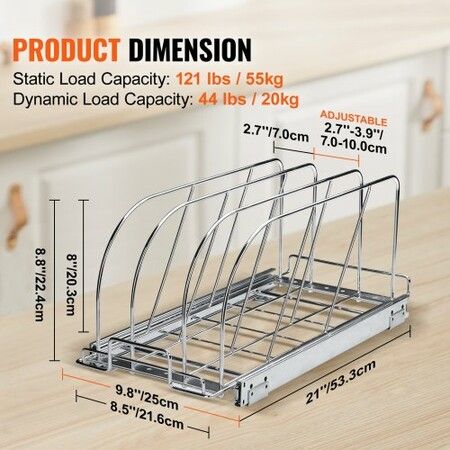 Pan and Pot Rack Organizer Expandable Adjustable Lid Holder Under Cabinet 8.5''W