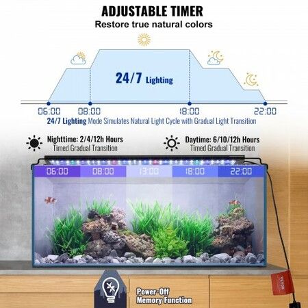 Aquarium Light 18W Full Spectrum Fish Tank Light with 24/7 Natural Mode Adjustable Timer & 5-Level Brightness with Aluminum Alloy Shell Extendable Brackets