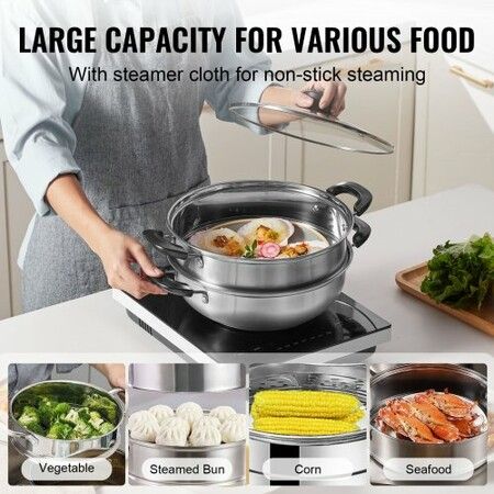 Steamer Pot 28cm Steamer Pot for Cooking with 3QT Stock Pot and Vegetable Steamer Food-Grade 304 Stainless Steel Food Steamer Cookware with Lid