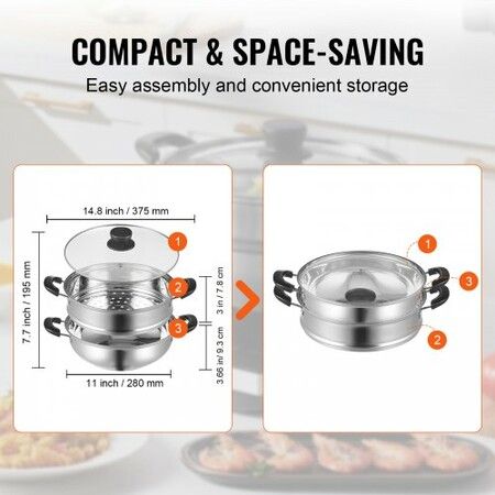 Steamer Pot 28cm Steamer Pot for Cooking with 3QT Stock Pot and Vegetable Steamer Food-Grade 304 Stainless Steel Food Steamer Cookware with Lid