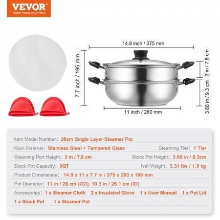 Steamer Pot 28cm Steamer Pot for Cooking with 3QT Stock Pot and Vegetable Steamer Food-Grade 304 Stainless Steel Food Steamer Cookware with Lid