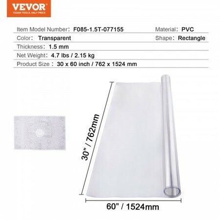 PVC Table Protector 30x60 Inch Clear Plastic Desk Protector 1.5mm Thick