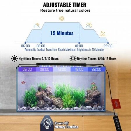 Aquarium Light 10W Full Spectrum Fish Tank Light with 5 Levels Adjustable Brightness Adjustable Timer and Power-Off Memory w/ ABS Shell Extendable Brackets