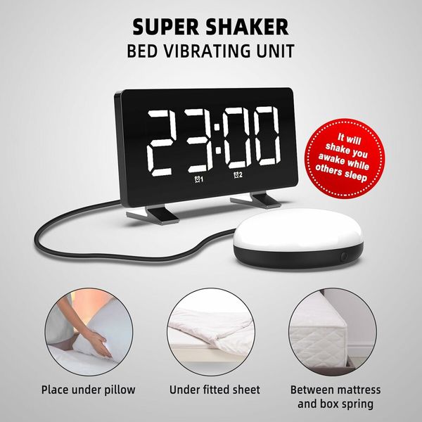 Super Loud Alarm Clock for Heavy Sleepers, Dual Vibrating Alarm Clock with Bed Shaker, USB Charger, Night Light for Hearing-impaired Deaf, White