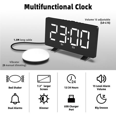 Super Loud Alarm Clock for Heavy Sleepers, Dual Vibrating Alarm Clock with Bed Shaker, USB Charger, Night Light for Hearing-impaired Deaf, White