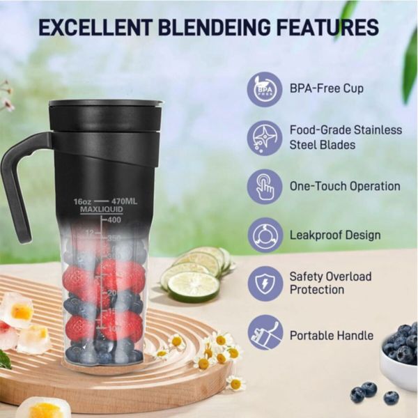 Portable Blender Shakes and Smoothies 470ML Blender, Smoothie Blender with 6 Blades, BPA Free, USB Rechargeable, Juicer Blender with Straw, Black