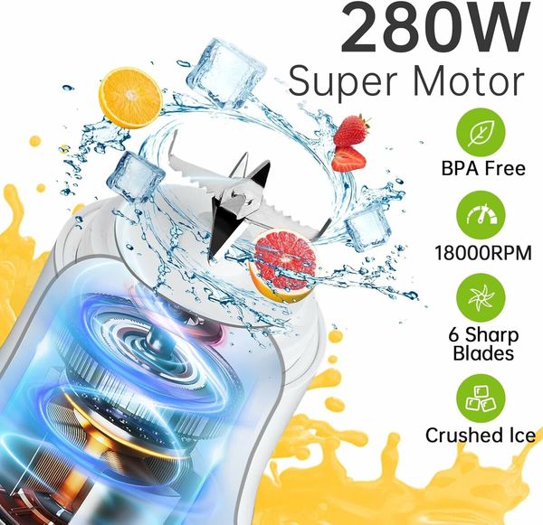 Portable Blender 600ml USB Rechargeable 4000mAh Large Battery with 6 Blades for Sports Smoothies Shakes Juice Baby Food (White)