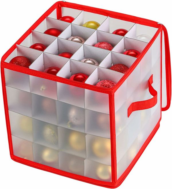 PP Christmas Ornament Storage Box with Zippered Closure hold up to 64 Christmas Balls  Holiday Ornaments Storage Cube Organizer with Dividers.