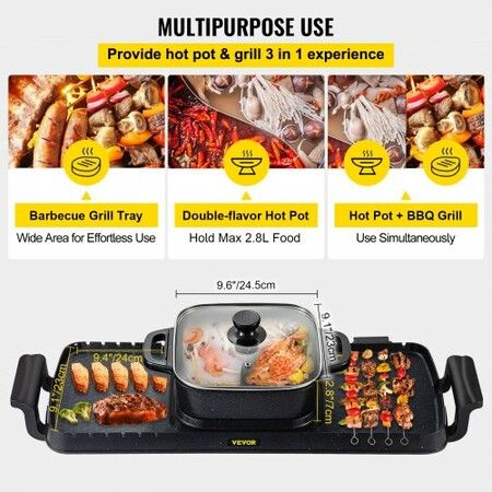 Electric BBQ Grill Hot Pot Oven Pan 3in1 Barbecue Grill 2400W Plate Home