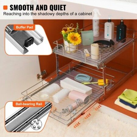 2-Tier Wire Pull Out Cabinet Under Sink Organizer 18x20 Inch Drawer Basket