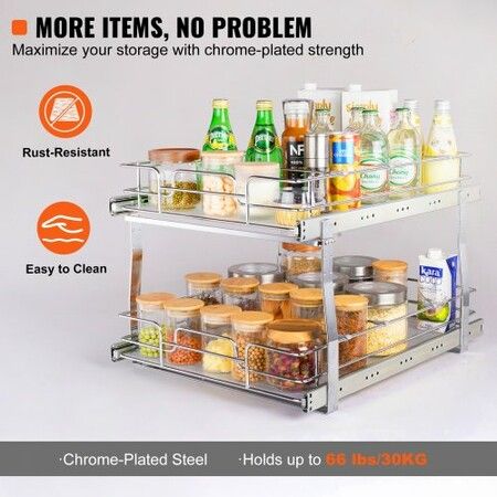 2-Tier Wire Pull Out Cabinet Under Sink Organizer 18x20 Inch Drawer Basket