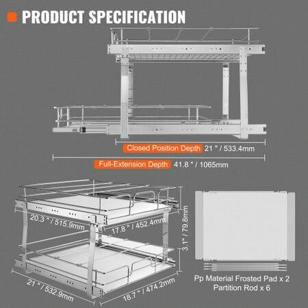 2-Tier Wire Pull Out Cabinet Under Sink Organizer 18x20 Inch Drawer Basket