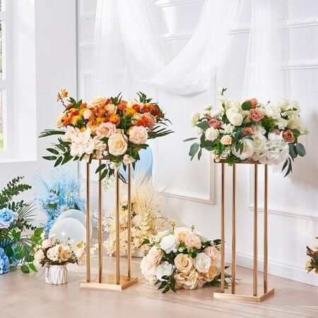 4PCS Gold Metal Column Wedding Flower Stand 31.5inch/80cm High With Metal Laminate Vase Geometric Centerpiece Stands Cylindrical Floral Display Rack