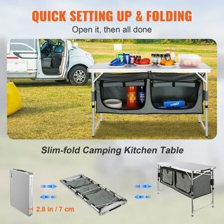 Camping Kitchen Table Quick set-up Folding Camping Table with A Carrying Bag 3 Adjustable Heights MDF Camping Table Ideal for Outdoor Picnics BBQs