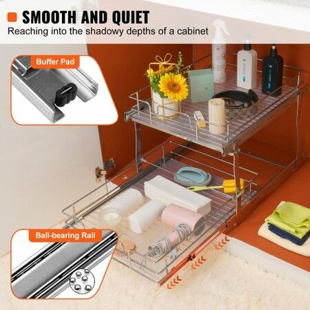 2-Tier Wire Pull Out Cabinet Under Sink Organizer 16x21 Inch Drawer Basket