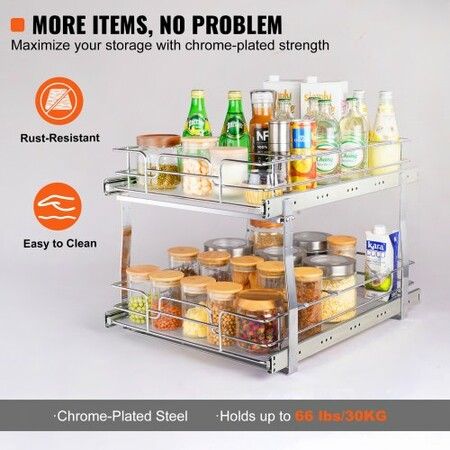 2-Tier Wire Pull Out Cabinet Under Sink Organizer 16x21 Inch Drawer Basket