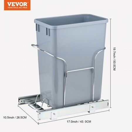 Single Pullout Waste Container Kitchen Trash Can 29L with Handle Grey