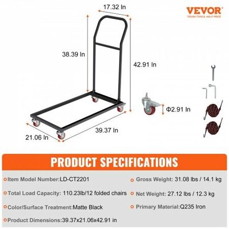 Folding Chair Dolly Iron Commercial Cart with 12 Chairs Capacity Folding Chairs Rack Trolley with 4 Casters Storage Transport Dolly for Flat Stacking