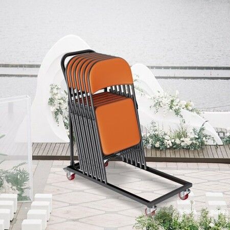 Folding Chair Dolly Iron Commercial Cart with 12 Chairs Capacity Folding Chairs Rack Trolley with 4 Casters Storage Transport Dolly for Flat Stacking