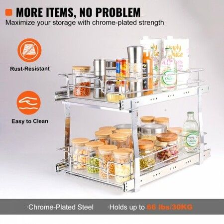 2-Tier Wire Pull Out Cabinet Under Sink Organizer 14x21 Inch Drawer Basket