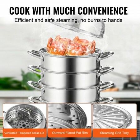 Dumpling Steamer Stainless Steel 5 Titer for for Cook Soup Noodles Fishes Work with Gas Electric Grill Stove Top Dia 30cm/11.8inch Pot