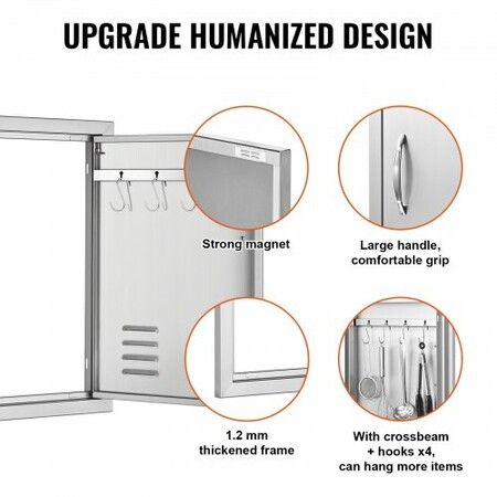 BBQ Access Door 610x431 mm Single Outdoor Kitchen Door Stainless Steel Flush Mount Door Wall Vertical Door w/ Handle Vents and Hook for BBQ Island Grilling