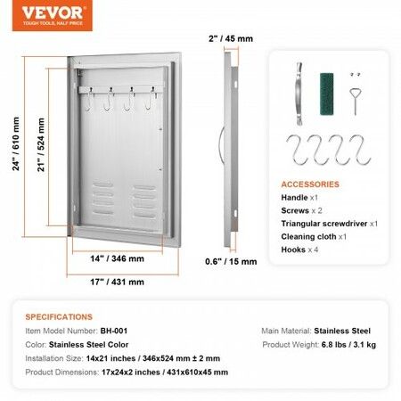 BBQ Access Door 610x431 mm Single Outdoor Kitchen Door Stainless Steel Flush Mount Door Wall Vertical Door w/ Handle Vents and Hook for BBQ Island Grilling