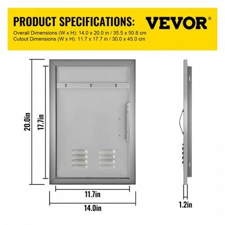 Outdoor Kitchen 14W x 20H Inch Wall Construction Stainless Steel Flush Mount for BBQ Island Single Door with Vents