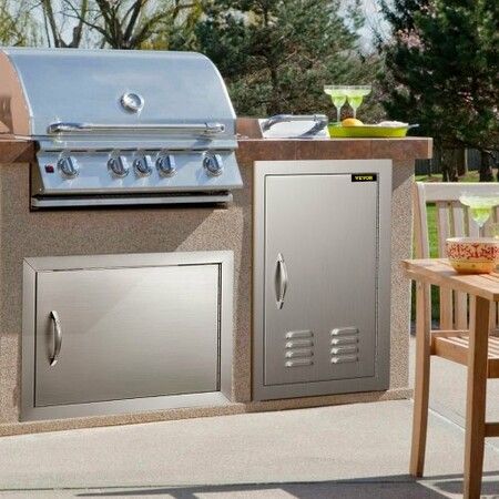 Outdoor Kitchen 14W x 20H Inch Wall Construction Stainless Steel Flush Mount for BBQ Island Single Door with Vents