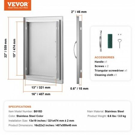 BBQ Access Door 407x559 mm Single Outdoor Kitchen Door Stainless Steel Flush Mount Door Wall Vertical Door with Handle for BBQ Island Grilling