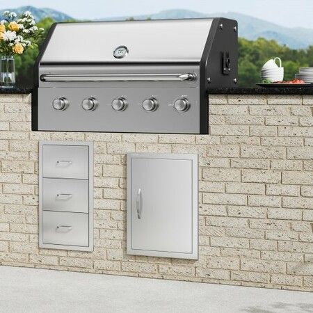 BBQ Access Door 407x559 mm Single Outdoor Kitchen Door Stainless Steel Flush Mount Door Wall Vertical Door with Handle for BBQ Island Grilling