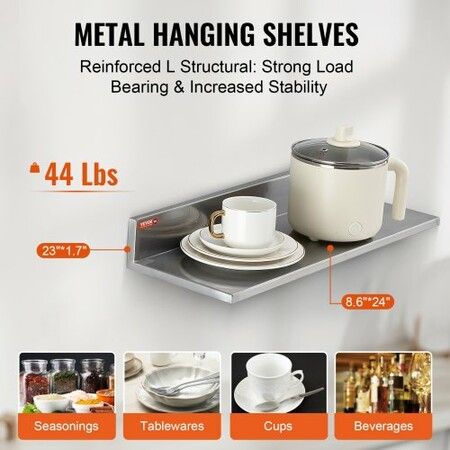 8.6" x 24" Stainless Steel Shelf Wall Mounted Floating Shelving with Backsplash 44 lbs Load Capacity Commercial Shelves Heavy Duty Storage Rack