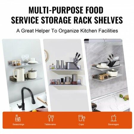 8.6" x 24" Stainless Steel Shelf Wall Mounted Floating Shelving with Backsplash 44 lbs Load Capacity Commercial Shelves Heavy Duty Storage Rack