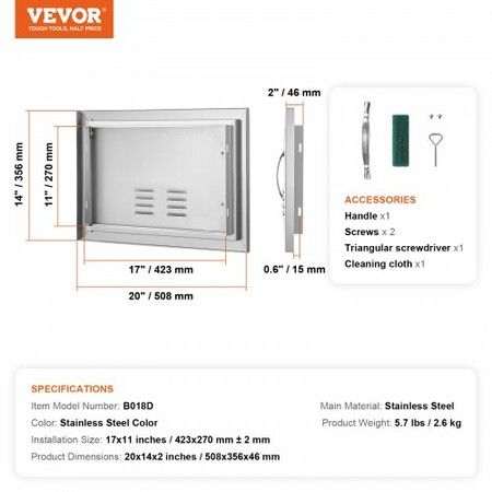 BBQ Access Door 508x356 mm Single Outdoor Kitchen Door Stainless Steel Flush Mount Door Wall Vertical Door with Handle and vents for BBQ Island Grilling