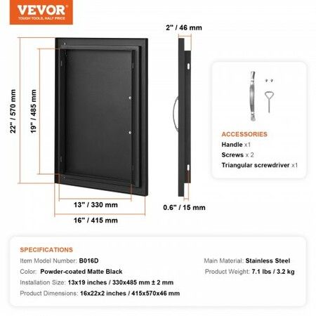 BBQ Access Door 415x570 mm Single Outdoor Kitchen Door Cold Plate Flush Mount Door Wall Vertical Door with Handle for BBQ Island Grilling Station