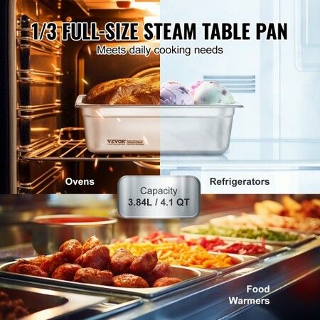 6 Pack Hotel Pans 1/3 Size Anti-Jam Steam Pan 0.8mm Thick Stainless Steel Restaurant Steam Table Pan 4-Inch Deep Commercial Table Pan Catering Storage