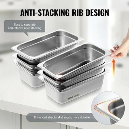 6 Pack Hotel Pans 1/3 Size Anti-Jam Steam Pan 0.8mm Thick Stainless Steel Restaurant Steam Table Pan 4-Inch Deep Commercial Table Pan Catering Storage