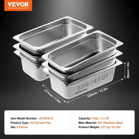 6 Pack Hotel Pans 1/3 Size Anti-Jam Steam Pan 0.8mm Thick Stainless Steel Restaurant Steam Table Pan 4-Inch Deep Commercial Table Pan Catering Storage