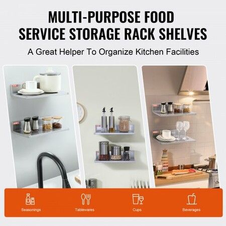 8.6"x16" Stainless Steel Shelf Wall Mounted Floating Shelving w/ Backsplash 44 lbs Load Capacity Commercial Shelves Heavy Duty Storage Rack for Restaurant