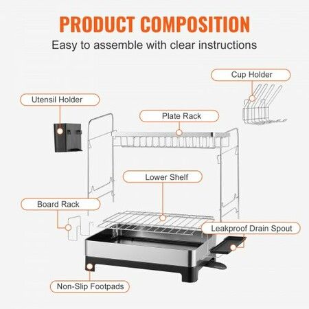 Dish Drying Rack 2 Tier Large Capacity Dish Drainers Rustproof Stainless Steel Dish Drainer with Drainboard Storage Space Saver Cup & Utensil Holder