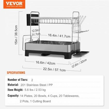 Dish Drying Rack 2 Tier Large Capacity Dish Drainers Rustproof Stainless Steel Dish Drainer with Drainboard Storage Space Saver Cup & Utensil Holder