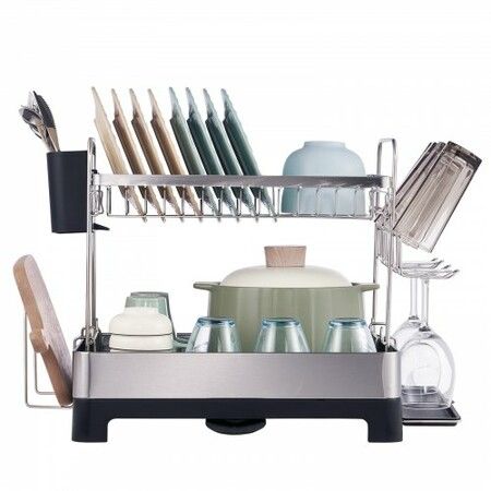 Dish Drying Rack 2 Tier Large Capacity Dish Drainers Rustproof Stainless Steel Dish Drainer with Drainboard Storage Space Saver Cup & Utensil Holder