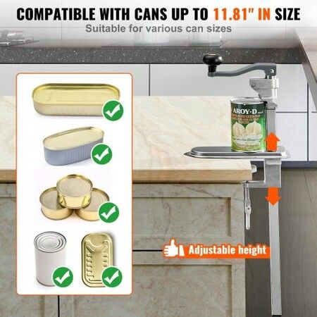 Manual Can Opener Commercial Table Clamp Opener for Large Cans Heavy Duty Can Opener w/ Base Adjustable Height Industrial Jar Opener For Cans Up to 30cm