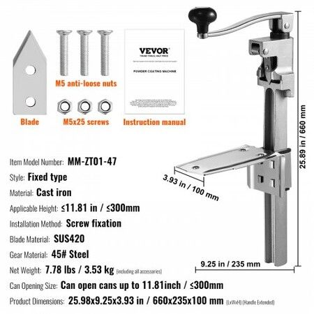 Manual Can Opener Commercial Table Opener for Large Cans Heavy Duty Can Opener with Base Adjustable Height Industrial Jar Opener For Cans Up to 30cm Tall