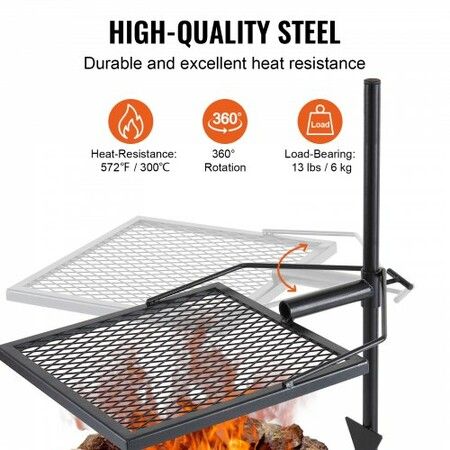 Swivel Campfire Grill Fire Pit Grill Grate over Fire Pits Heavy Duty Steel Grill Grates 360 degree Adjustable Open Fire Outdoor Cooking Equipment Portable