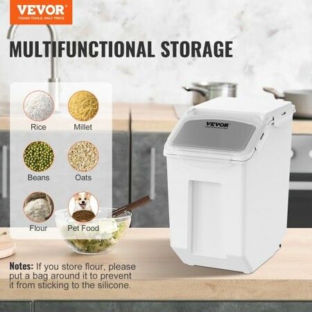 Ingredient Storage Bin 2 x 15L Dispenser Bin with 2 Measuring Cups Attachable Casters and Airtight Lid 2 Pcs/Set Dog Pet Food Storage Container PP Material