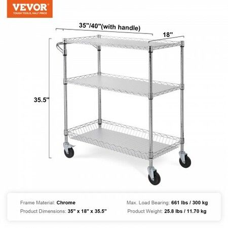 Kitchen Utility Cart 3 Tiers Wire Rolling Cart Steel Service Cart on Wheels Metal Storage Trolley with 80mm Basket Curved Handle PP Liner 6 Hooks