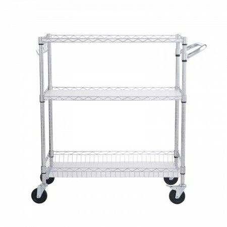 Kitchen Utility Cart 3 Tiers Wire Rolling Cart Steel Service Cart on Wheels Metal Storage Trolley with 80mm Basket Curved Handle PP Liner 6 Hooks